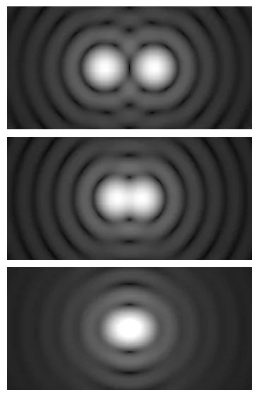 Diagram showing pairs of Airy disks at varying separations near the Rayleigh criterion limit of resolution.